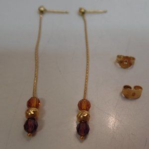 14K Gold (Stamped) Dainty Ear RIngs with 3 Beads. Gold, Amber & Purple
